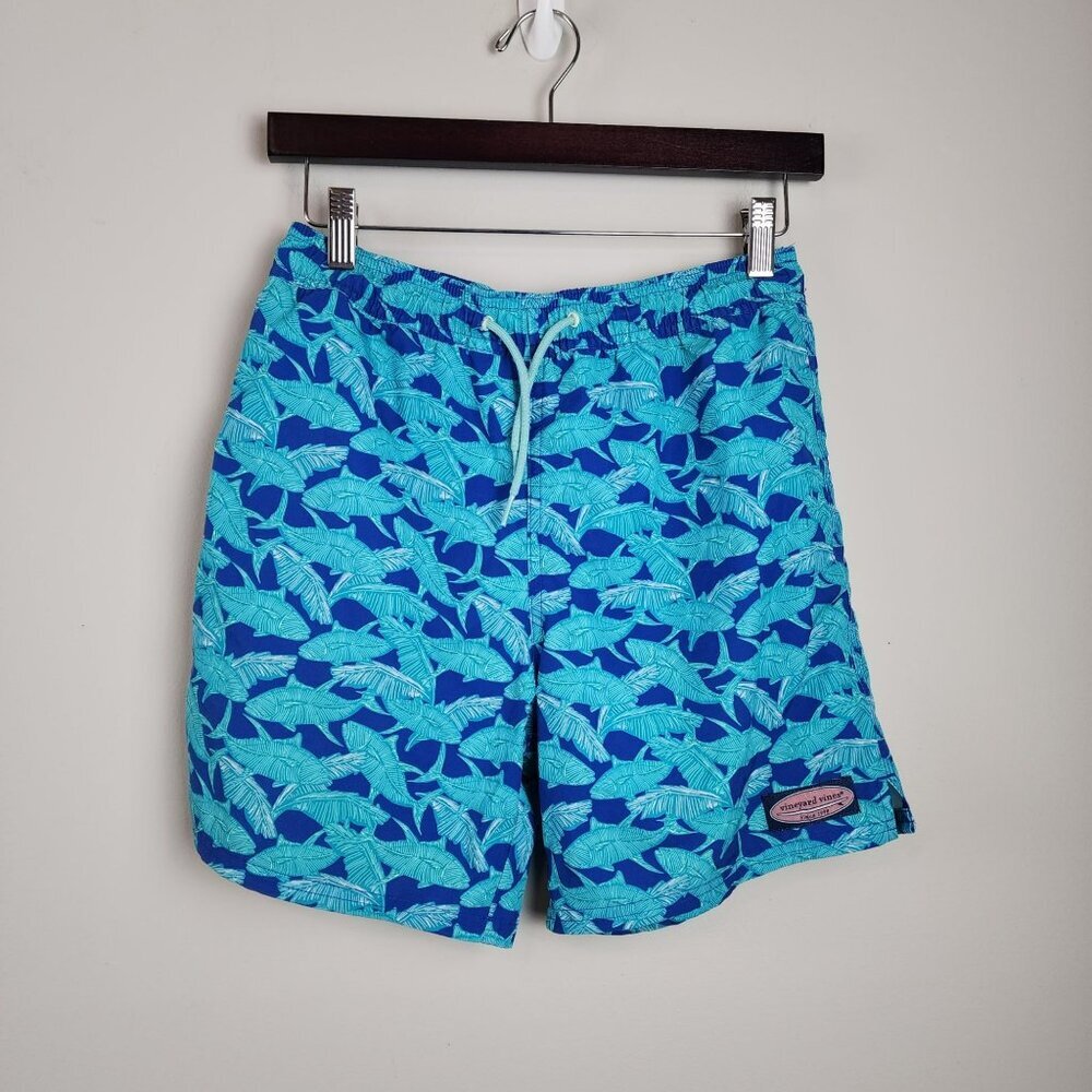 Vineyard Vines Boy M Blue Tropical Leaf Swim Trunks  Elastic Waist Drawstring